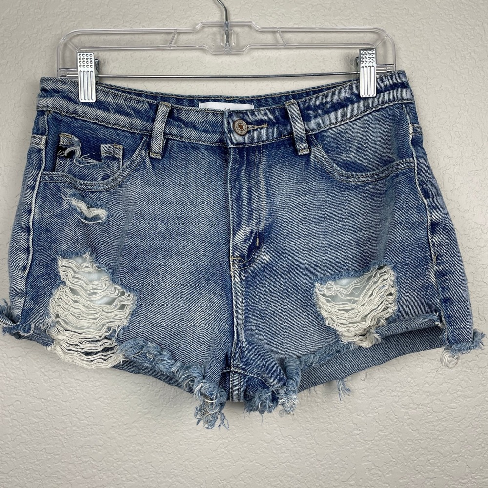 KanCan Los Angeles High Rise Denim Jean Shorts‎ Womens Medium Blue Distressed